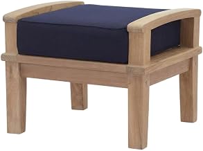 Blue Outdoor Patio Teak Ottoman with Cushions, Weather-Resistant Design, Comfortable Seat, Sturdy Construction, Ideal for Outdoor Living