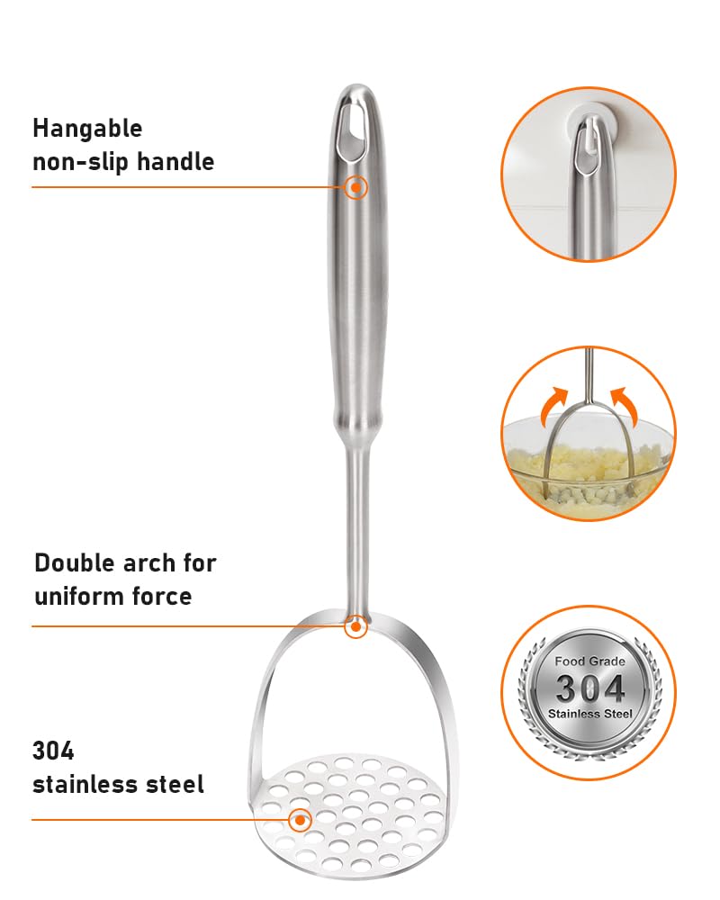 Brigii Stainless Steel Potato Masher, One Piece Press, Silver