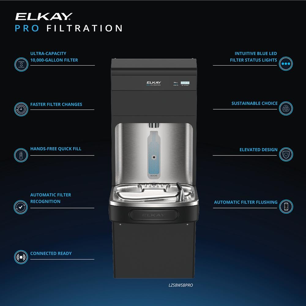 Pro Filtration Bottle Filling Station by Elkay – Twin, 8 gallons, Stainless Steel, Black, Model LZS8WSBPRO-UV