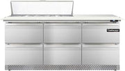 DL72-12C-FB-D Designer Line Sandwich Unit, 72" W, With 12 Pan Top Openings, 19" Cutting Board, Front Breathing & Four Drawers