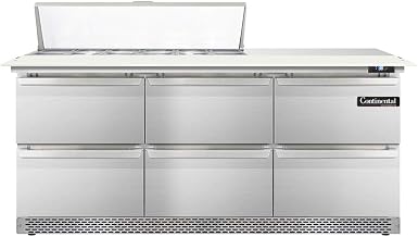 DL72-12C-FB-D Designer Line Sandwich Unit, 72" W, With 12 Pan Top Openings, 19" Cutting Board, Front Breathing & Four Drawers