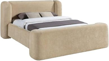 Starlight Canyon Home Chenille Fabric-Upholstered King Panel Bed, Wingback King Size Bed Frame with Headboard, Upholstered Bedframe, Beige