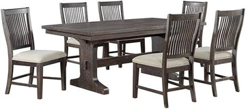 Rustic Brown Wood 7pc Dining Set with Beige Chairs