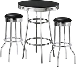 Furnifact Metal Round Pub Dining Set 3-Piece, Retro Bar Stools and Kitchen Bar Stools for Home Bar, Black