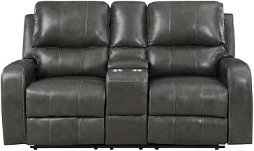 Starlight Canyon Home Leather-Upholstered Loveseat with Power Console, Reclining Love Seat Sofa and Leather Reclining Loveseats, Grey