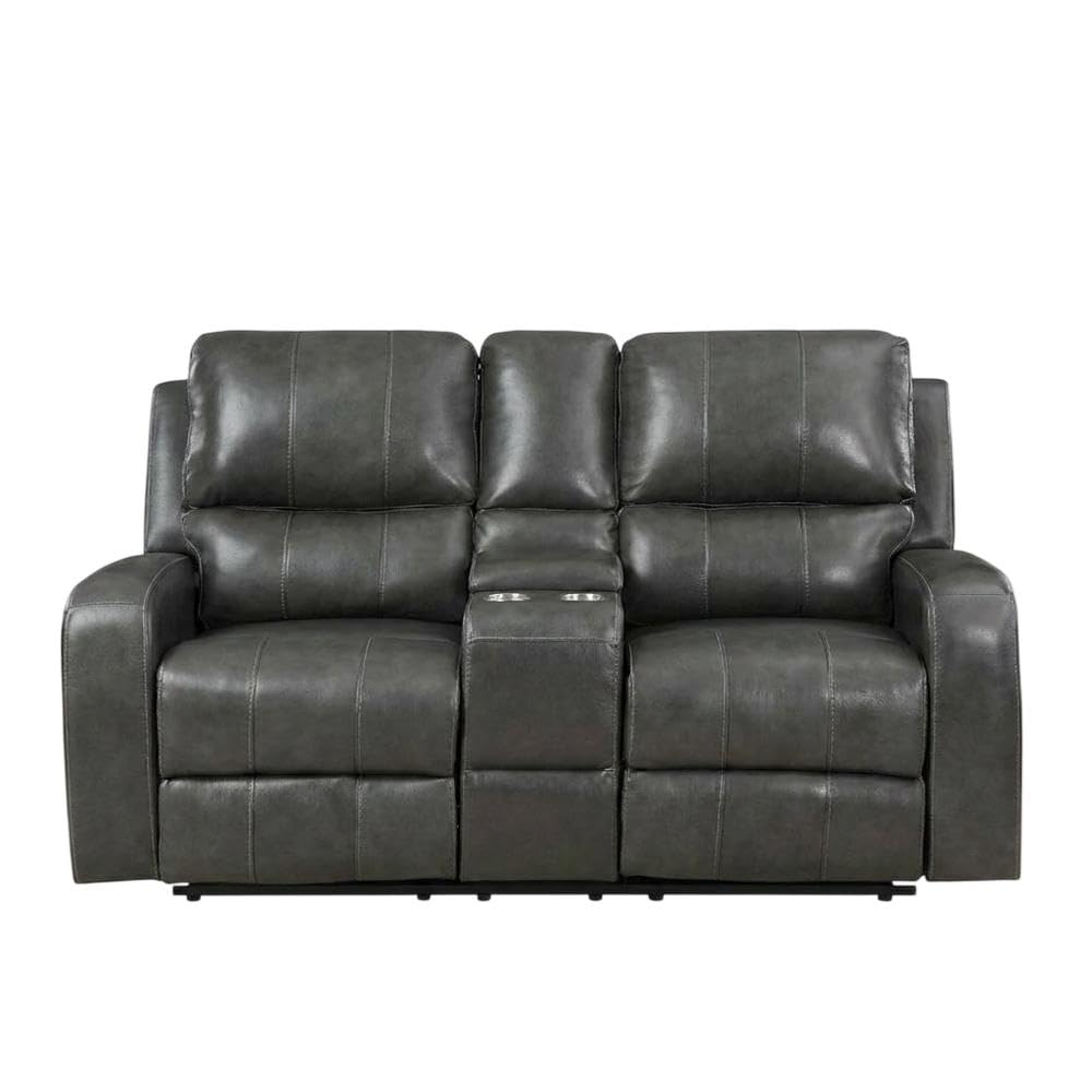 Leather-Upholstered Loveseat with Power Console by Starlight Canyon Home – Hardwood anhd Plywood frame, Full leather front, Grey