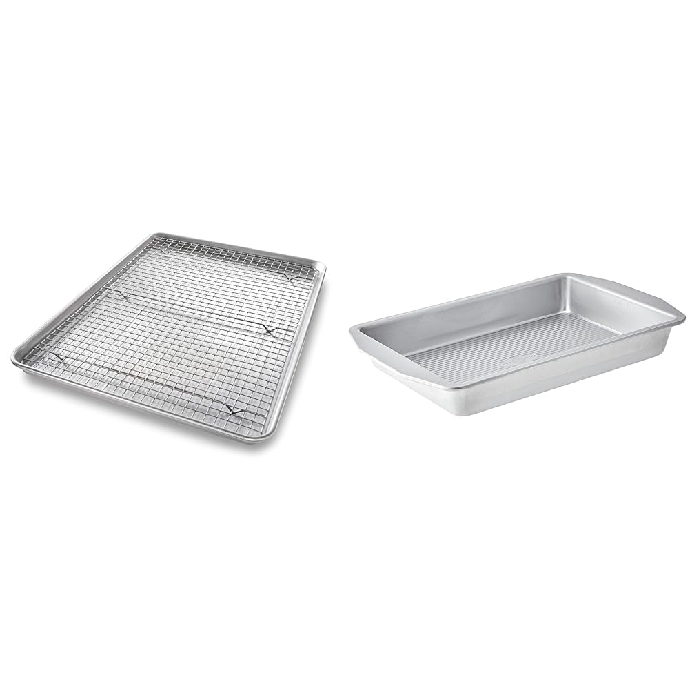 1607CR Extra Large Sheet Baking Pan and Bakeable Cooling Rack Set with 9x13 Inch Rectangular Lasagna and Brownie Pan by USA Pan – Carbon Steel, Silver