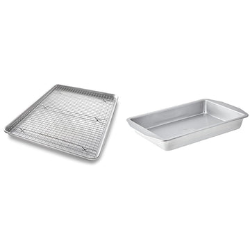 1607CR Extra Large Sheet Baking Pan and Bakeable Cooling Rack Set with 9x13 Inch Rectangular Lasagna and Brownie Pan by USA Pan – Carbon Steel, Silver