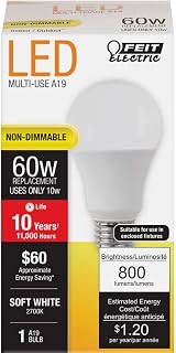 Feit Electric A19 LED Light Bulb, 60W Equivalent, E26 Medium Base, 800 Lumens, 2700K Soft White, Non-Dimmable Standard Light Bulb, 10,000-Hour Lifetime, A800/827/10KLED