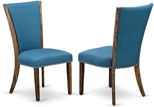 Furnifact Linen-Upholstered Dining Chairs Set of 2, Distressed-Finish Wood Frame Nail Head Kitchen Chairs for Dining Table, Blue