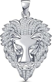 Men's Solid 14K Gold Plated White Diamond 925 Sterling Silver King Lion Head Pendant
