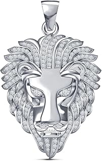 Men's Solid 14K Gold Plated White Diamond 925 Sterling Silver King Lion Head Pendant