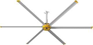 Big Ass Fans E Series 12 ft Industrial 6 Blade Ceiling Fan Gearless Direct Drive Motor, High Volume Low Speed, Wired Wall Remote, 110-125V/1ph - Silver/Yellow