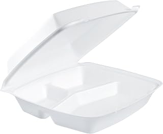 DART 10.3 Inch Three-Compartment White Foam Hinged Container with Removable Lid, 110HT3 (200 Count)