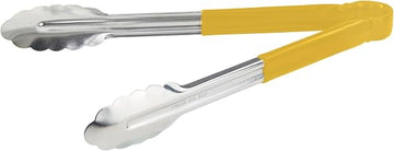Winco 12" Yellow Stainless Steel Serving Tongs | Color coded, Scalloped edges, Restaurant service, Great for Salads and Buffets