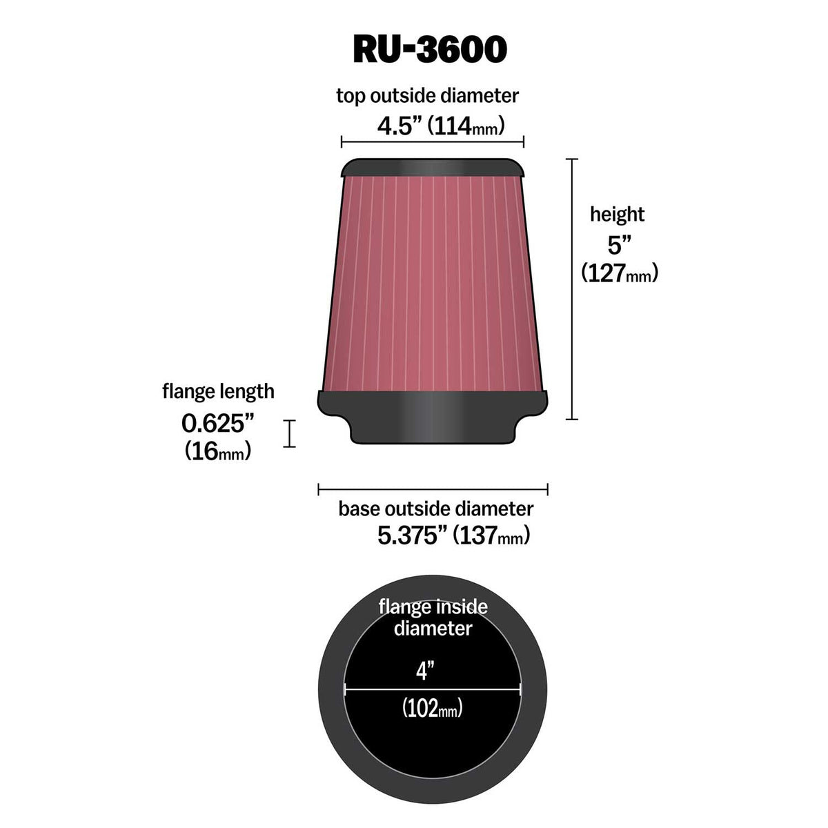 High-Flow Original Lifetime Universal Clamp-On Air Filter: High Performance by K&N – Rubber, Model RU-3600
