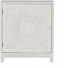Furnifact Carved Mandala Bar Cabinet with Fixed Shelf and Magnetic Latch, Buffet Credenza Storage Cabinet with Doors for Living Room, White