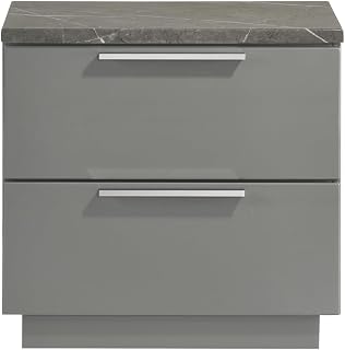 Elara Nightstand ¨C Two-Tone High-Gloss Marble & Lacquer Finish with Red Velvet-Lined Drawers and Metal-Finished Legs- Gray Same as B009P309299 (CA Inventory)