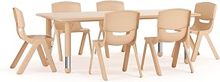Flash Furniture Kids 47.25x23.6 in Activity Table with 6 Chairs, Natural | Adjustable Height Table, Plastic, Durable Construction, Commercial Use