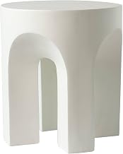 LeisureMod Round Side Table in Fiberstone with Arched Base Design Compact Weather-Resistant for Modern Home, Living Room, Bedroom, Patio Crus Collection (White)
