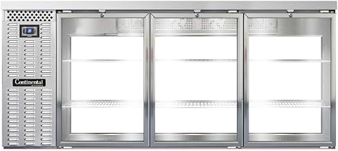 BBC79S-SS-GD-PT Three Section Glass Door Refrigerated Pass-Thru Back Bar Cooler, 79" W x 34-3/4"H, Stainless Steel Exterior & Shallow Depth