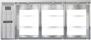 BBC79S-SS-GD-PT Three Section Glass Door Refrigerated Pass-Thru Back Bar Cooler, 79" W x 34-3/4"H, Stainless Steel Exterior & Shallow Depth