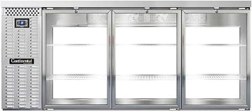 BBC79S-SS-GD-PT Three Section Glass Door Refrigerated Pass-Thru Back Bar Cooler, 79" W x 34-3/4"H, Stainless Steel Exterior & Shallow Depth