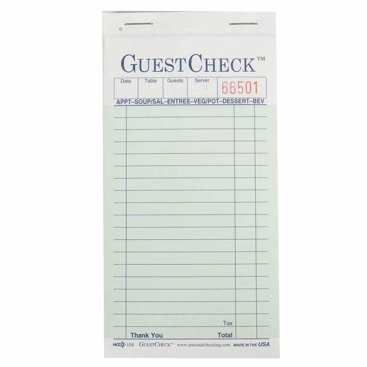 Company Carbonless Guest Check Paper - 2 Part Green by National Checking – Green, Pack of 2500, Model 108-50