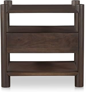 Solenis Nightstand, Solid Acacia Wood, Cross Joinery, Open and Closed Storage, Single Drawer, Brown