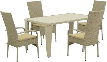 Neutral Linen Wicker Patio Set - Dining Table and Chairs with Weatherproof Material, Comfortable Seating, Durable Furniture for Garden