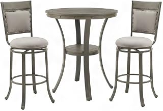 Furnifact Ash Veneer Pub Table and Chairs Set of 3, High Top Bar Table with Swivel Stools Bar Height Dining Kitchen, Pewter