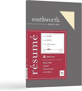 Southworth 100% Cotton Résumé Paper, 8 1/2" x 11", 24 Lb, 100% Recycled, Ivory, Pack of 100
