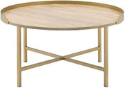 34" Tray Top Coffee Table, Round Coffee Table with Oak Panel, Mesa De Centro para Sala with Cross Bar Metal Base for Home Leisure Areas, Gold,Oak