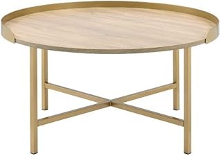 34" Tray Top Coffee Table, Round Coffee Table with Oak Panel, Mesa De Centro para Sala with Cross Bar Metal Base for Home Leisure Areas, Gold,Oak