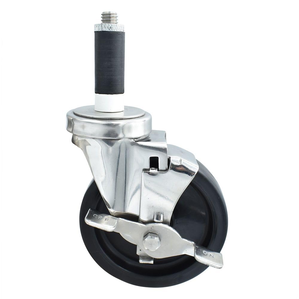 BK Resources 5" Polyolefin 1" Expanding Stainless Steel Stem Swivel Caster for Work Tables with Top Lock Brake – 5", Silver, Model 5SS-1RA-LDP-TLB