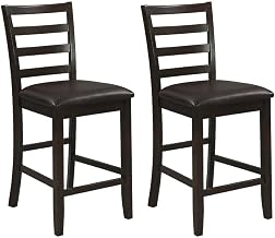 Furnifact Faux Leather-Upholstered Counter Stools with Ladder Back, Set of 2, Counter Height Bar Stools for Kitchen Island, Cappuccino