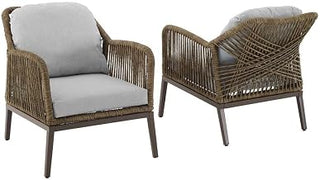 Light Brown Wicker Outdoor Patio Chairs Set of 2 with Light Gray Cushions, Balcony Chairs, Outdoor Porch Seating