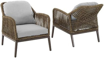 Light Brown Wicker Outdoor Patio Chairs Set of 2 with Light Gray Cushions, Balcony Chairs, Outdoor Porch Seating