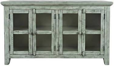 Starlight Canyon Home Acacia Veneer Accent Cabinet with Distressed-Finish Four-Door, Buffet Cabinet with Storage Sideboard Credenza, Surfside Blue