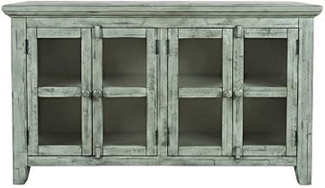 Starlight Canyon Home Acacia Veneer Accent Cabinet with Distressed-Finish Four-Door, Buffet Cabinet with Storage Sideboard Credenza, Surfside Blue