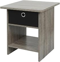 Furnifact French Oak and Black End Table Night Stand with Storage Shelf, Bin Drawer for Living Room, Bedroom, Modern Style
