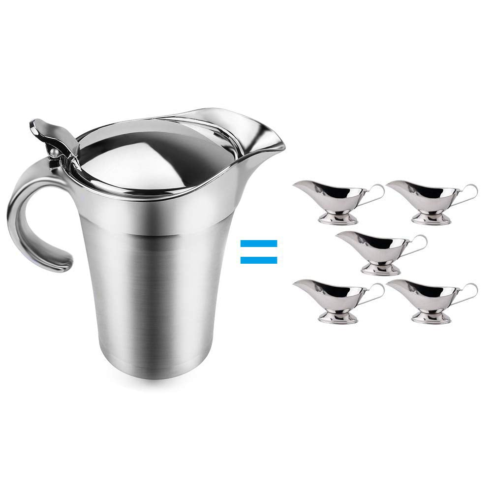 ShineMe Gravy Boat with Lid, 26 Ounces Double Wall Stainless Steel, Silver