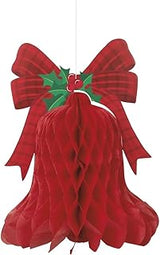 Unique Party Red Bell Christmas Honeycomb Hanging Decoration - 15" - Festive Paper Ornament - Ideal for Holiday Season (1 Pc.)