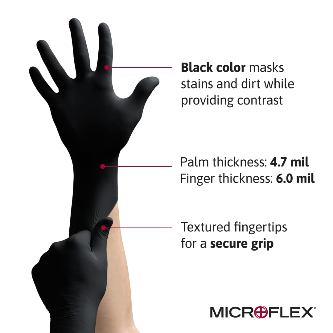 MICROFLEX MidKnight MK-296 Disposable Nitrile Gloves for Automotive w/Full Texture - XX-Large by Ansell – 2X-Large (Pack of 1000), Nitrile, Black, Pack of 100, Model MFXMK296-XXL