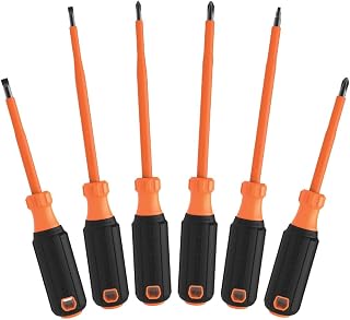 KLEIN TOOLS 85076INS Insulated Screwdriver Set, Made in USA, features 1000V Electricial Screwdrivers, (3) Phillips and (2) Slotted and Square Tips, 6-Piece