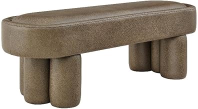 Modway Mossi 52-Inch Modern Oval Vegan Leather Bench in Mushroom – Upholstered Accent Bench with Cylindrical Clover-Leg Base for Bedroom, Entryway, or Living Room