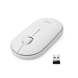 Pebble Wireless Mouse with Bluetooth or 2.4 GHz Receiver - Off White by Logitech – 4.2" x 2.3" x 1", Rubber, Off White, Model 910-005770