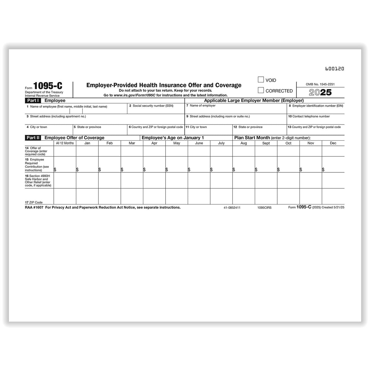 ComplyRight 1095CIRS50 Paper Tax Form, 8 1/2" x 11", White, 50/Pack - Default Title