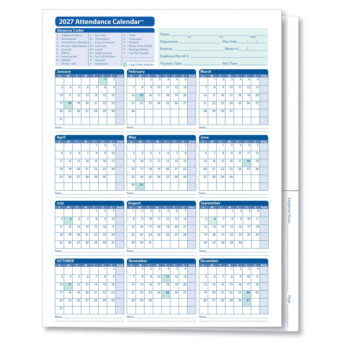 ComplyRight A3050 Paper Attendance Calendar Folder, 9 3/8" x 11 3/4", White, 25/Pack