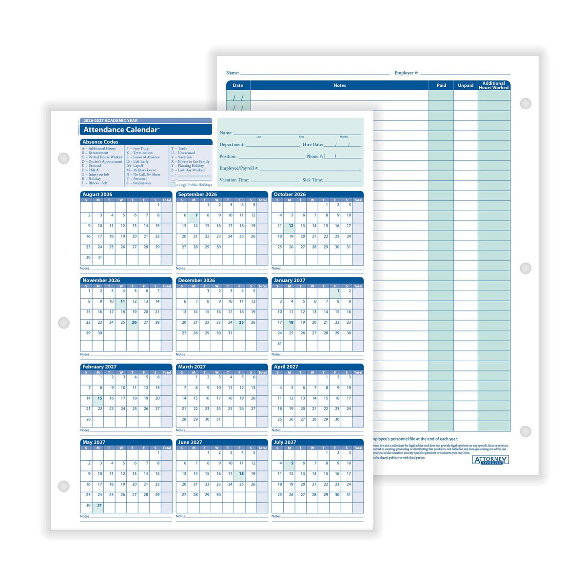 ComplyRight Attendance Calendar, 8 1/2" x 11", White, 50/Pack - White Academic